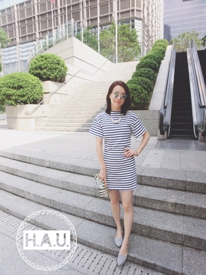 H.A.U.2015 SS香港设计师版型条纹连衣裙（心机裙）