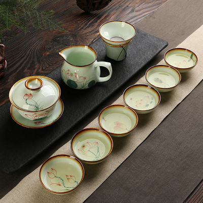 青瓷陶瓷茶具手工绘制荷花莲花整套功夫茶具盖碗茶壶茶杯品茗杯