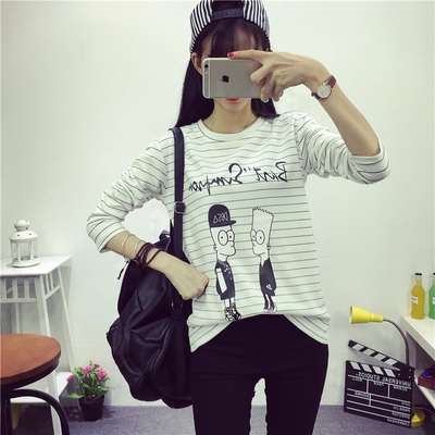 秋季韩版长袖t恤女学生宽松大码卡通漫画人物上衣条纹圆领打底衫