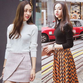 2016春季韩国代购同款修身显瘦套头立领毛衣纯色条纹打底针织衫女