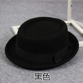 冬季帽子 女韩版高端羊毛呢爵士帽 韩国男士平顶黑色卷边礼帽冬