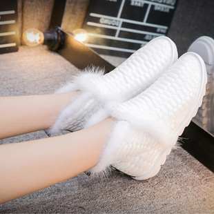 纤思朵2015冬季新款白色毛绒雪地靴低跟套筒短靴时尚潮流女士鞋潮