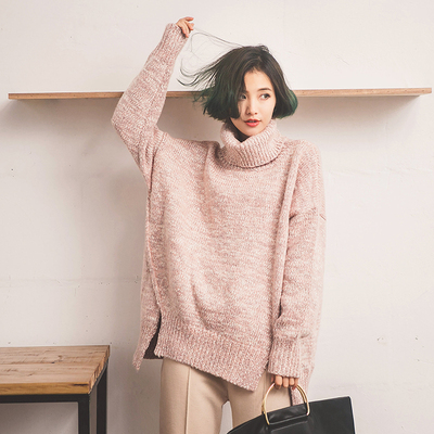 2015冬季新款韩版显瘦高领宽松毛衣女 休闲下摆不规则女装上衣潮