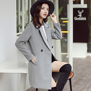 16秋冬新款女装韩国流行时尚中长款长袖修身毛呢外套呢大衣包邮A7