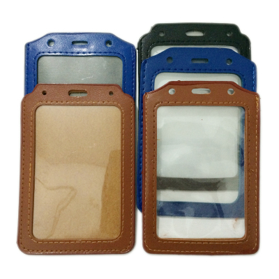 PU仿皮工作证件卡套双面透明胸牌证件套证件皮套竖款大号棕黑蓝色