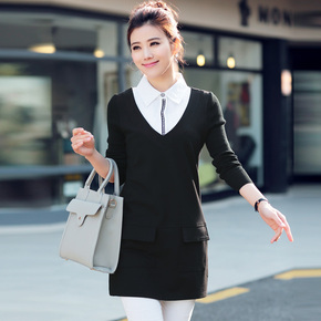 2015春装新款韩版时尚修身中长款拼接假两件T恤大码长袖打底衫女