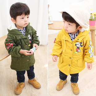 2015冬装韩版童装男童女宝宝加绒加厚风衣中长款中小儿童米奇外套