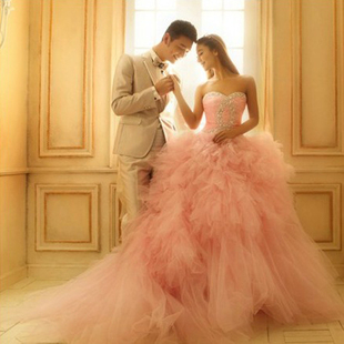 促销2015蓬蓬公主礼服大拖尾甜美绑带钉珠粉红色高腰新娘结婚婚纱