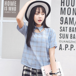 韩版时尚条纹格子修身显瘦假衬衫