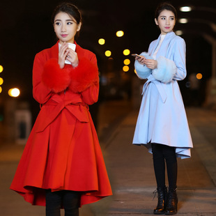 2015新款韩版女装秋冬中长款收腰毛呢外套系带修身羊毛呢子大衣女