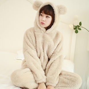 韩版睡衣女冬季法兰绒珊瑚绒加厚保暖卡通北极熊可爱家居服女套装