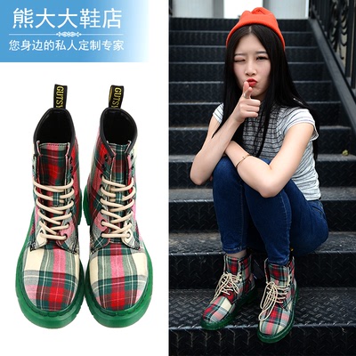 香港代购2016新款1460绿色大格子百搭舒适休闲系带布鞋马丁鞋女