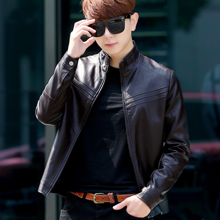 男装2015秋季新款男士韩版修身立领皮衣夹克青年短款pu皮机车外套
