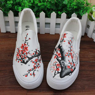 梅花 中国风 手绘 时尚 个性 帆布 松糕跟 流行 女鞋