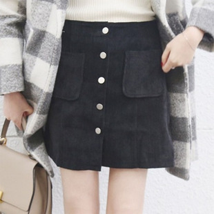 韩国时尚2015年扣子撞色排口灯芯绒冬季短裙包臀裙韩版半身裙女