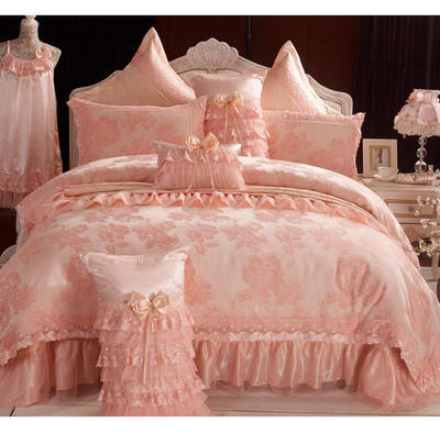 家纺十件套贡缎提花婚庆床上用品绗缝床盖欧式3D床单大红色粉2米