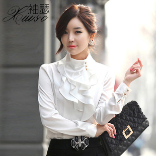 2017春装新款韩版修身长袖雪纺衬衫女荷叶边立领打底上衣白衬衣寸