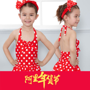 正品韩国可爱公主波点女童裙式连体泳衣女孩中小童温泉泳装3-12岁