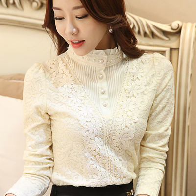 秋装新款韩版女装衬衫长袖蕾丝衫大码打底衫上衣女6053