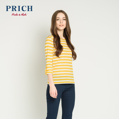 PRICH衣恋旗下女装2015秋季新条纹修身女式长袖Ｔ恤衫PRLW53850C