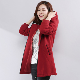 2015春装新款韩版中长款纯棉卫衣连帽外套 女装直筒加厚保暖红色