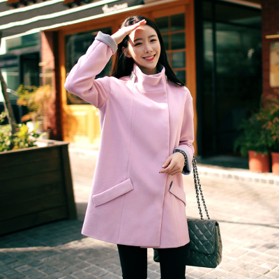 2015秋冬韩版宽松显瘦粉色立领毛呢外套女中长款甜美气质呢子大衣