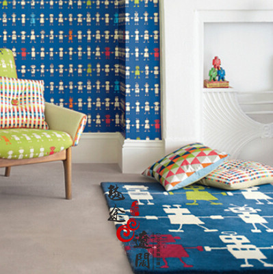 蓝色地中海儿童机器人图案地毯客厅茶几沙发卧室手工腈纶地毯定制