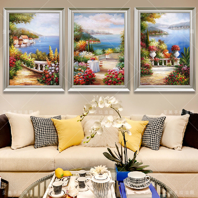 手绘油画风景 欧式客厅装饰画有框画 沙发背景墙画简约三联壁画2