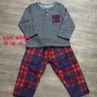 韩国进口正品儿童童装家居服 男孩宝宝长袖灰色睡衣格子睡裤