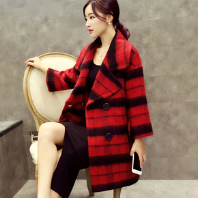 韩版女修身格子中长款毛呢外套 正品羊毛呢大衣 2015秋冬新款