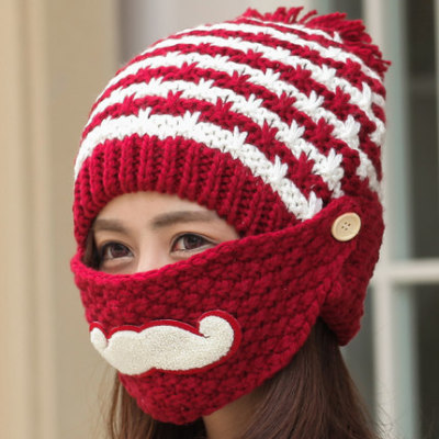 帽子女冬天韩版针织保暖口罩帽胡子帽骑车防风加绒加厚毛线帽护耳