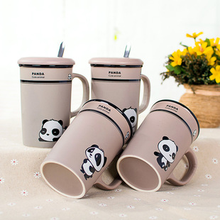 亚光熊猫咖啡杯韩国卡通马克杯带盖勺创意水杯可爱牛奶杯儿童杯子