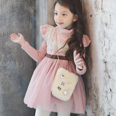 韩国童装儿童新款童裙秋冬保暖加厚加绒装女童连衣裙蕾丝公主裙
