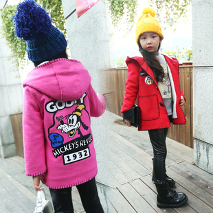 女童毛呢外套韩版2015新款童装中大童卡通呢子大衣中长款加绒加厚