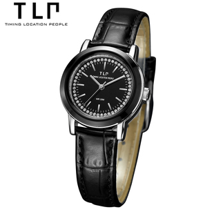 TLP天利时正品 花瓣简约设计 黑色皮带品质石英水钻表女士手表
