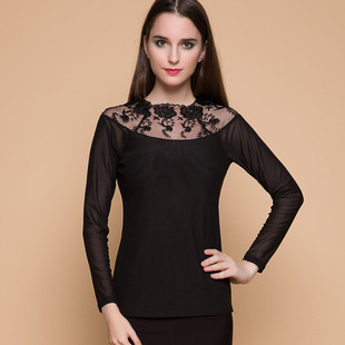 2015秋装新款低领镂空蕾丝衫黑色长袖女衫上衣网纱修身品牌打底衫