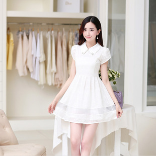 2015春夏新款韩版POLO领甜美短袖修身显瘦蕾丝雪纺连衣裙中长款女