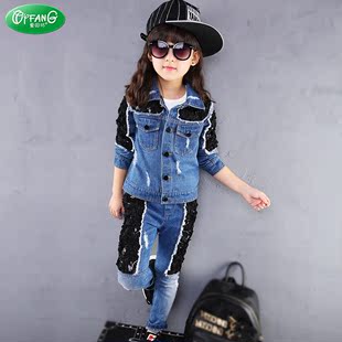 儿童牛仔套装春秋2015新款童装中大童拼接两件套韩版女童秋装套装
