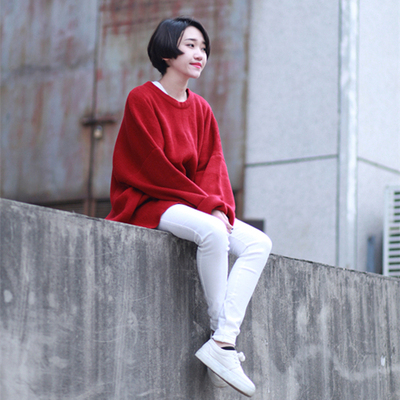 日系甜美经典红圆领套头超宽松质感便捷毛衣