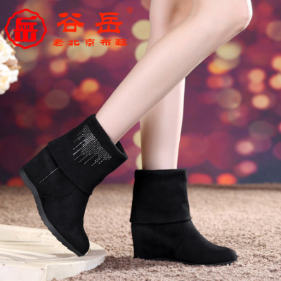 谷岳15冬季加棉老北京布鞋女靴子妈妈鞋加棉坡跟内增高两穿女靴子