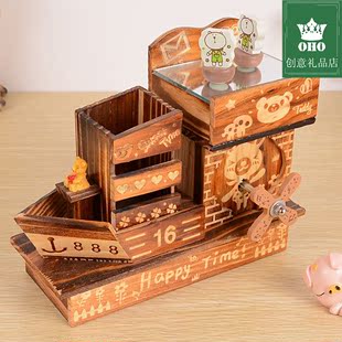 复古怀旧木质音乐盒旋转木屋船风车八音盒摆件儿童生日礼物送女生