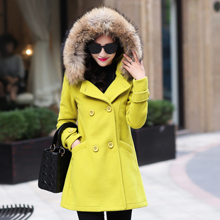 2015冬季新款韩版大码女装毛呢外套女中长款修身毛领连帽呢子大衣