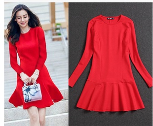 新款韩国明星同款显瘦大红色连衣裙2015夏秋季 修身OL中长款裙子