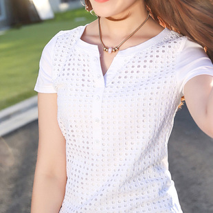 悦女季V领短袖t恤女白色夏装韩版女士t恤女夏修身体恤上衣6420