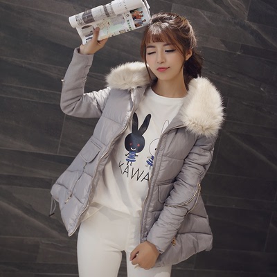 2015冬季女装新款韩版时尚A型中长款连帽纯色毛领羽绒棉衣棉服女