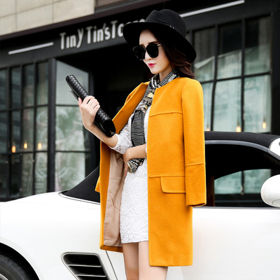 2015秋冬新款韩版时尚羊绒大衣直筒口袋女装修身中长长款羊绒外套