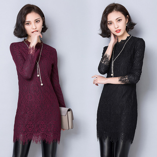 冬装新款韩版2015修身加绒中长款长袖蕾丝连衣裙打底裙女装潮