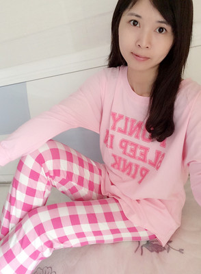 2015秋季韩版pink纯棉睡衣女 格子裤长版长袖收脚裤棉睡衣家居服