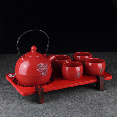 日式和风陶瓷功夫茶具红色整套茶壶杯套装结婚庆礼物创意特价包邮