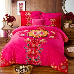 民族风床上用品1.8玫红色加厚被套床单 秋冬磨毛纯棉四件套一米五